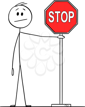 Vector cartoon stick figure drawing conceptual illustration of man or businessman holding red stop sign.
