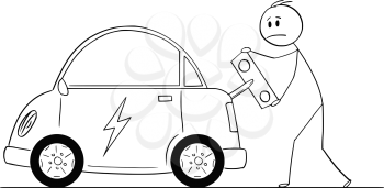Cartoon stick drawing conceptual illustration of man winding up or charging electric car by toy key.