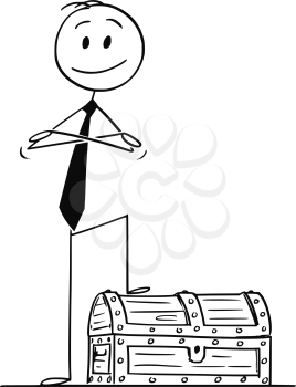 Cartoon stick drawing conceptual illustration of confident smiling man or businessman standing on wooden treasure chest and with arms crossed.