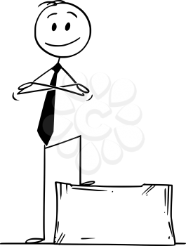 Cartoon stick drawing conceptual illustration of confident smiling man or businessman standing on stone block ashlar with arms crossed.