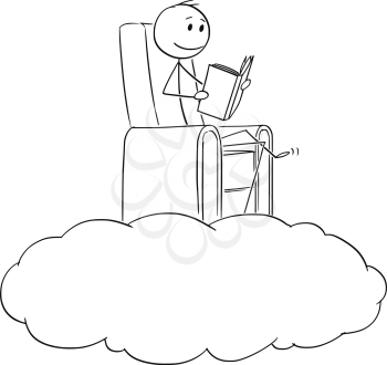 Cartoon stick drawing conceptual illustration of man and dreamer reading a book in calm on a cloud.