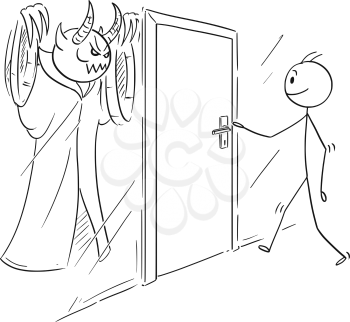 Cartoon stick drawing conceptual illustration of man who is ready to open door, but there is evil, demon or monster hidden and waiting behind the door.