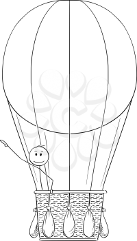 Cartoon stick drawing conceptual illustration of man or businessman in hot air balloon pointing his hand at something above or up, possibly sign or text.