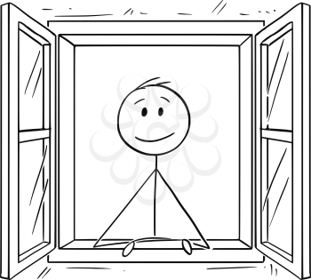 Cartoon stick drawing conceptual illustration of man looking through open window.