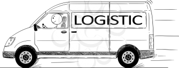 Cartoon stick drawing conceptual illustration of fast driving generic delivery van with logistic text.