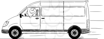Cartoon stick drawing conceptual illustration of driver of fast driving generic delivery van showing thumbs up gesture.