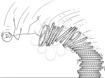 Cartoon stick drawing conceptual illustration of man or businessman falling from pile of coins. Business concept of financial crisis.