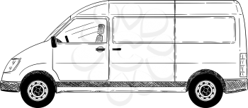 Cartoon stick drawing conceptual illustration of side view of generic delivery van.