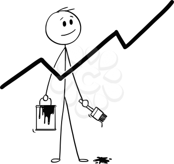 Cartoon stick man drawing conceptual illustration of businessman with brush and paint can painting or drawing growing chart or graph arrow. Business concept of growth and success.