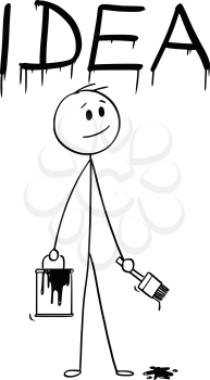 Cartoon stick man drawing conceptual illustration of businessman with brush and paint can painting or drawing the word idea.