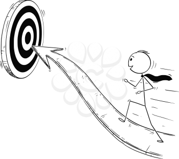 Cartoon stick man drawing conceptual illustration of businessman running on arrow for success. Business concept of career and goal.