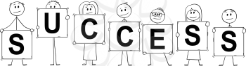Cartoon stick man drawing conceptual illustration of businessmen and businesswomen holding signs with success text.