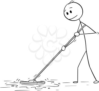 Cartoon stick drawing conceptual illustration of man cleaning floor with mop.