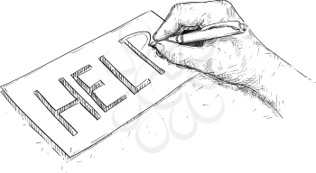 Vector artistic pen and ink drawing illustration of hand writing word help on piece of paper.