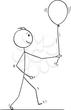 Cartoon stick drawing conceptual illustration of man holding or walking with balloon.
