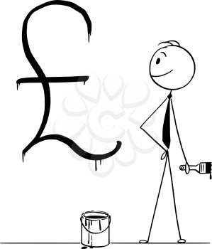Cartoon stick drawing conceptual illustration of businessman with brush and paint can and big black United Kingdom pound sterling currency sign or symbol painted or written on wall.