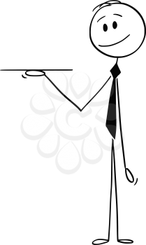 Cartoon stick drawing conceptual illustration of waiter or businessman holding empty tray or salver and offering something. There is empty space for your text or image.