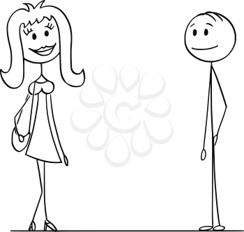 Cartoon stick drawing conceptual illustration of man and woman looking at each other and flirting.