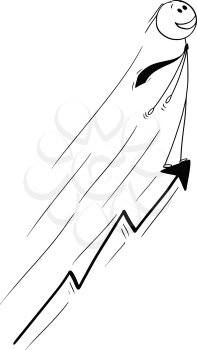 Cartoon stick drawing conceptual illustration of businessman riding on growing or rising graph arrow. Business concept of success.