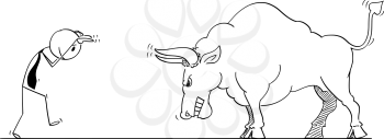 Cartoon stick man drawing conceptual illustration of businessman provoking big bull as rising market prices symbol.