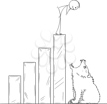 Cartoon stick man drawing conceptual illustration of businessman standing on raising financial chart ending by open mouth of bear. Metaphor of bear market and market crisis.