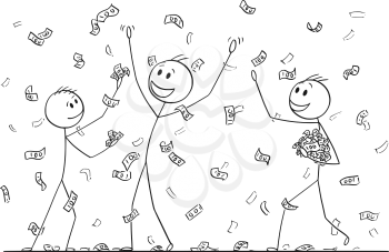 Cartoon stick drawing conceptual illustration of group of men or businessmen celebrating and collecting money or banknotes rain falling from sky. Metaphor of financial success.