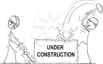 Cartoon stick drawing conceptual illustration of two workers, workmen or labourers working with hammer drill on big pice of rock or stone with under construction text. Usable for website.
