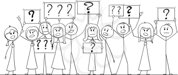 Cartoon stick figure isolated drawing or illustration of group or crowd of protesters protesting with question mark or point on signs.