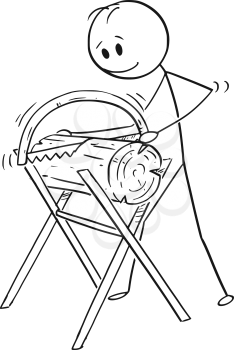 Cartoon stick figure drawing of man or worker cutting wooden log or wood with handsaw or saw.