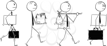 Cartoon stick figure drawing conceptual illustration of group of men or businessmen leaving or moving with office equipment in hands.