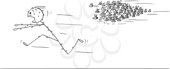 Cartoon stick figure drawing conceptual illustration of man running in panic away from attacking swarm of bees or wasps.