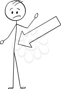 Cartoon stick figure drawing conceptual illustration of big arrow pointing at abdomen or belly of man, marking some problem.