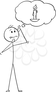Cartoon stick figure drawing conceptual illustration of man or businessman thinking hard with burning candle image in speech bubble as dull mind metaphor.