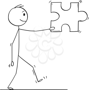 Cartoon stick figure drawing conceptual illustration of man or businessman carrying big jigsaw puzzle piece. Business concept of solution.