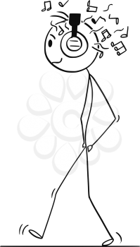 Cartoon stick figure drawing conceptual illustration of man walking with headphones and listening music.