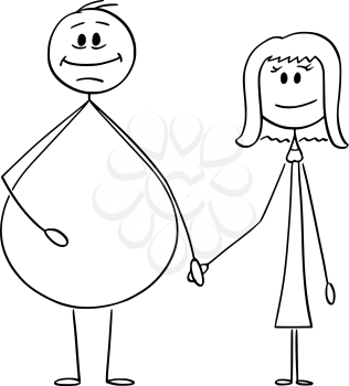 Vector cartoon stick figure drawing conceptual illustration of heterosexual couple of overweight or obese man and slim woman holding hands.