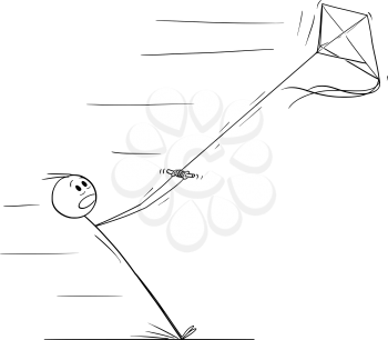 Vector cartoon stick figure drawing conceptual illustration of man flying kite and pulled away in strong wind.