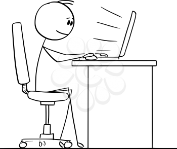 Vector cartoon stick figure drawing conceptual illustration of man or businessman sitting behind desk and typing or working on computer.