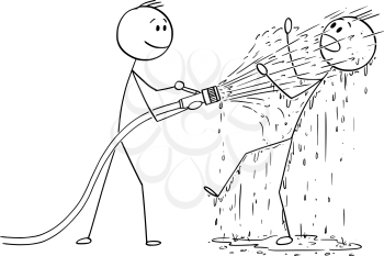 Vector cartoon stick figure drawing conceptual illustration of man or businessman holding big fire hose and shooting water on another man who is completely wet.
