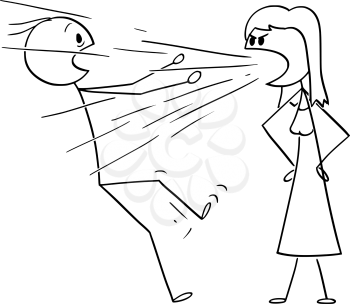 Vector cartoon stick figure drawing conceptual illustration of woman yelling or screaming at man.Concept or couple relationship.