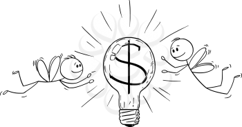Vector cartoon stick figure drawing conceptual illustration of two businessmen as flies or moths, attracted by light bulb with dollar or money symbol and flying around it.