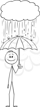Vector cartoon stick figure drawing conceptual illustration of man or businessman standing safe with umbrella under rain falling from small storm cloud.