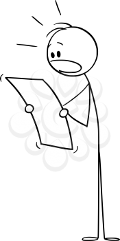 Vector cartoon stick figure drawing conceptual illustration of shocked man or businessman reading document.