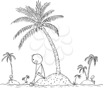 Vector cartoon stick figure drawing conceptual illustration of lonely people living alone on small islands, without friends or human society. Concept of loneliness.