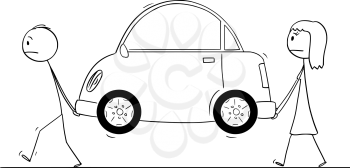 Vector cartoon stick figure drawing conceptual illustration of man and woman carrying broken car or car out of fuel or electric power.