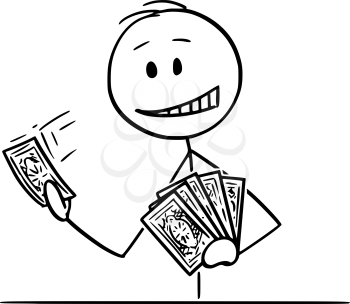 Vector cartoon stick figure drawing conceptual illustration of man or businessman holding playing cards in hand.