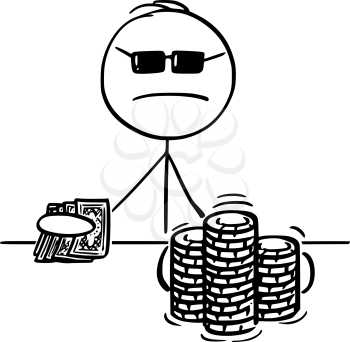 Vector cartoon stick figure drawing conceptual illustration of poker player with cards gambling and moving piles of casino chips.