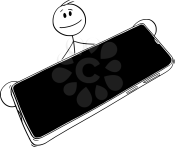 Vector cartoon stick figure drawing conceptual illustration of man holding, offering or passing mobile phone.