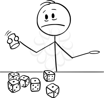 Vector cartoon stick figure drawing conceptual illustration of unhappy and unsuccessful man or player or businessman rolling dices in casino with all dices showing one dot. Concept of failure or bad luck.
