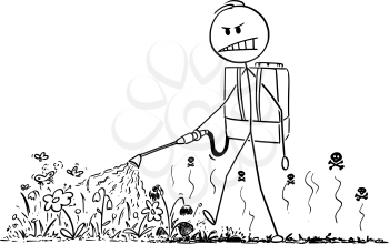 Vector cartoon stick figure drawing conceptual illustration of man spraying toxic herbicide or weedkiller on plants or flowers.